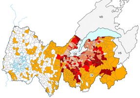 Titulaires d'un permis frontalier dans le canton de Gen�ve, par commune, variation 2002-2008